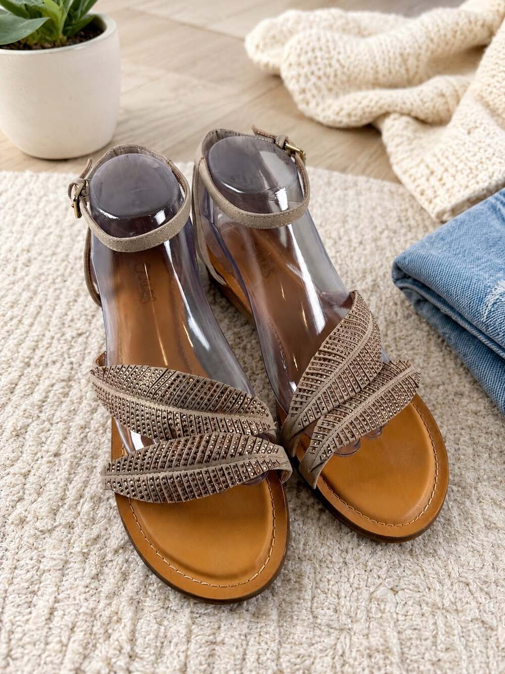 Carlos Santana Tempo Rhinestone Wedge Sandals Ankle Strap Taupe Size 9M
